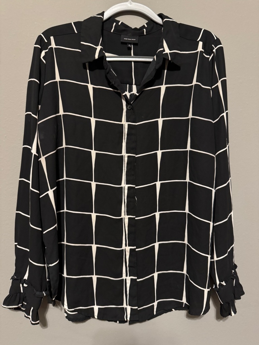 Who What Wear Black Top with White Windowpane Lines